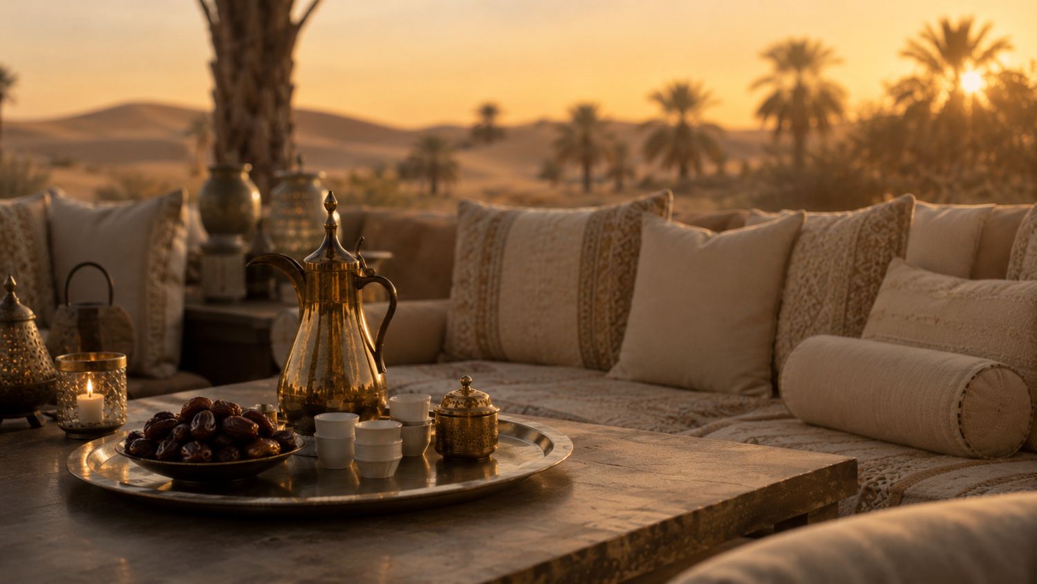الظفرة عند الغروب — مجلس صحراوي عند الغروب بدلّة نحاسية وطبق تمر ووسائد مزخرفة أمام الكثبان والنخيل.